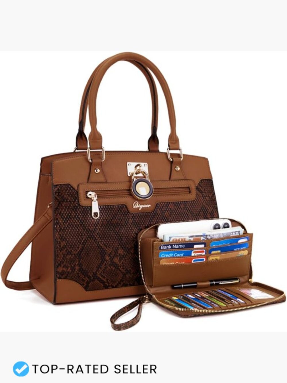 Snake Print Satchel Tote Set RFID Wristlet Wallet Structured Medium Purse